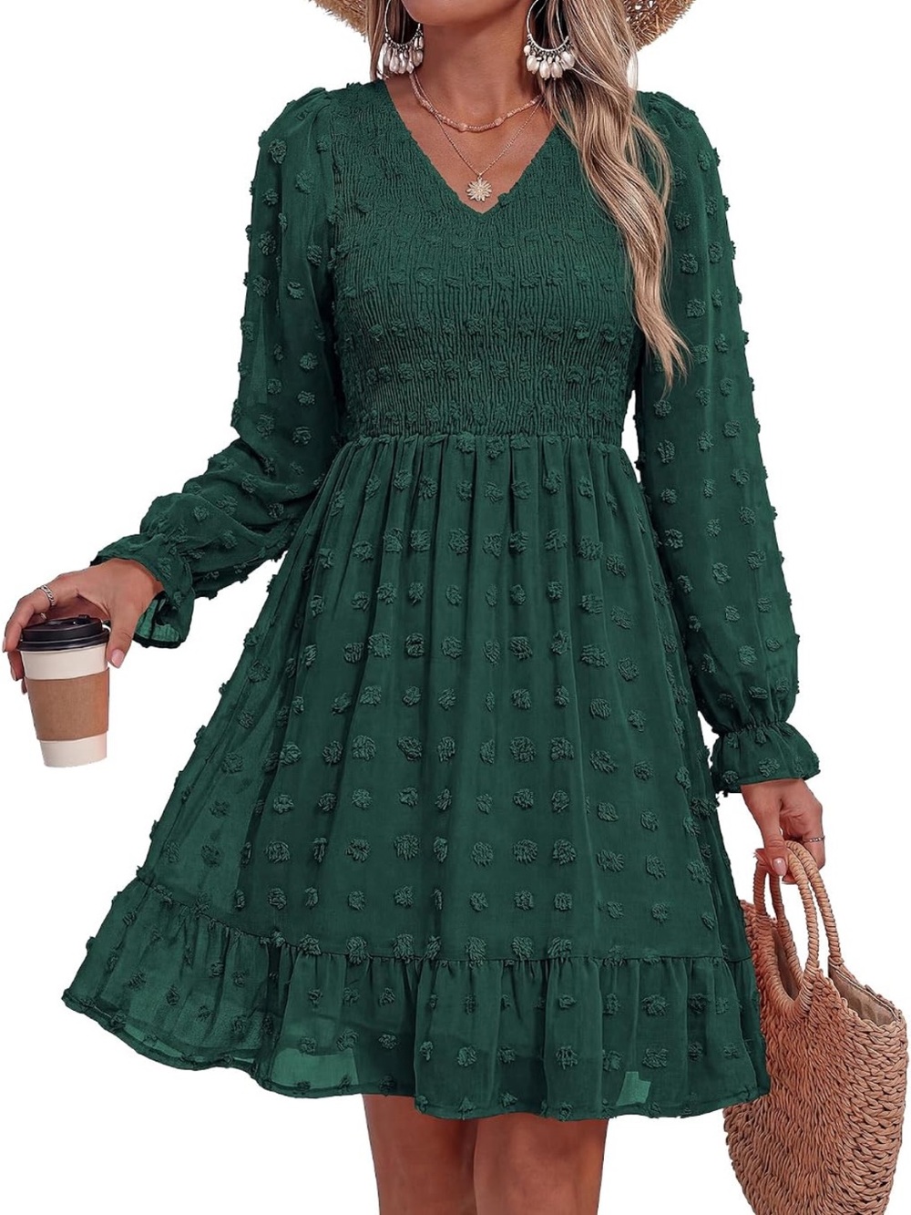 🌲 BTFBM Swiss Dot Smocked V-Neck Ruffle Mini Dress 🌲
